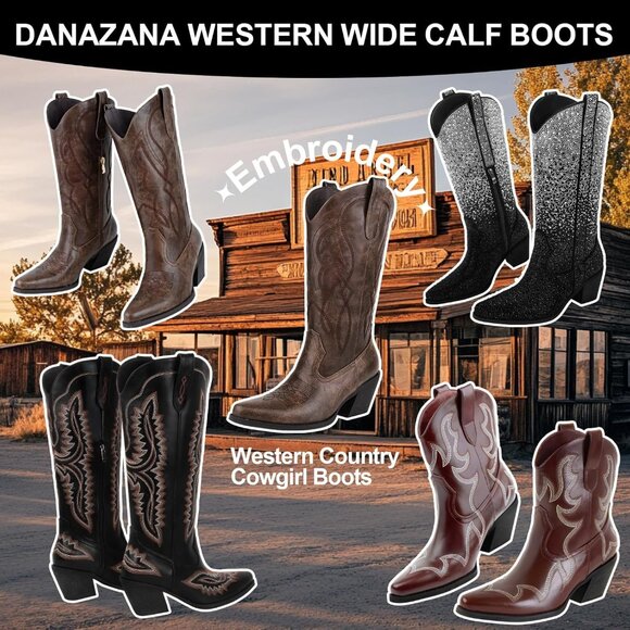 Women Brown Wide Calf Rhinestones Pointed Toe Chunky Heel Embroidered Boots - Picture 7 of 8